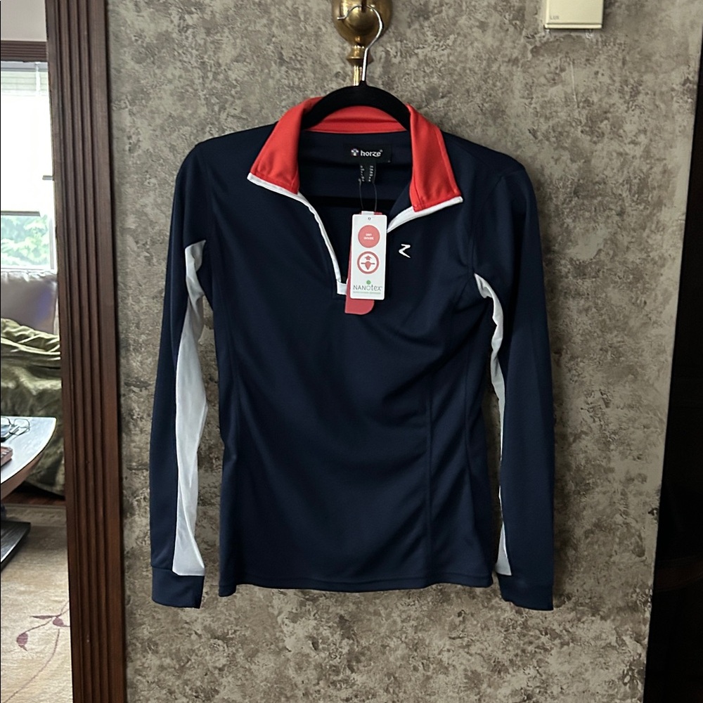 Women’s Equestrian Horze Trista Long Sleeve Functional Sht Sz US 4 Navy/Red/Wht